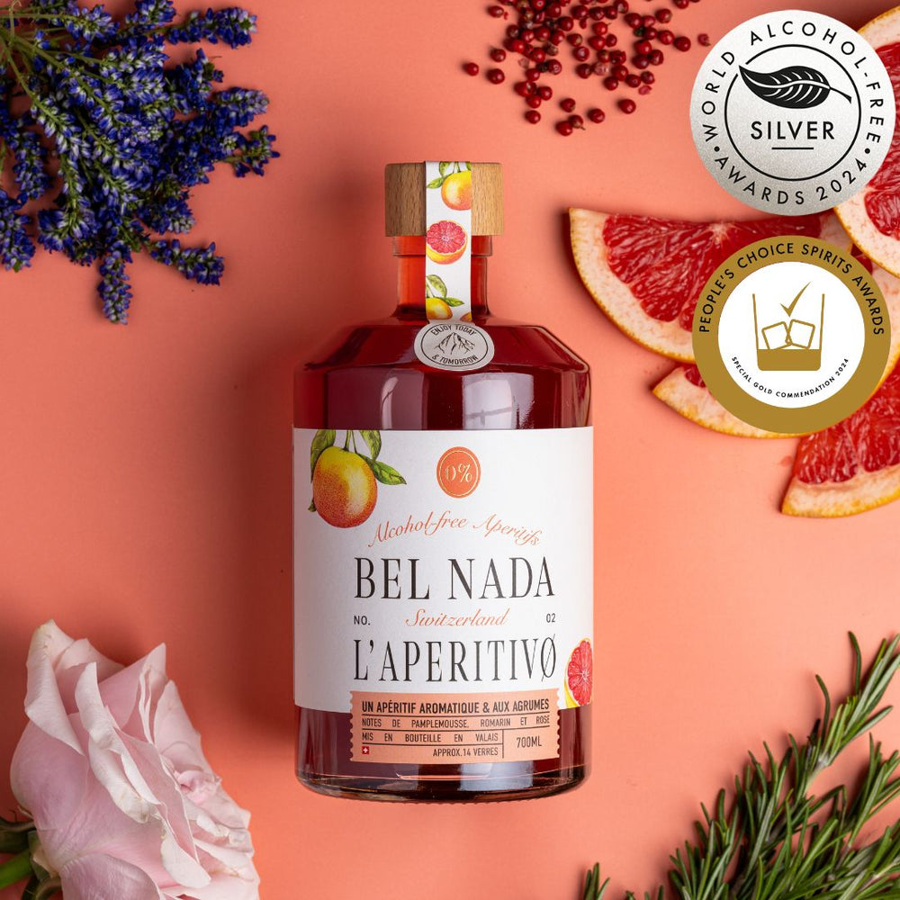 Alcohol-free spritz non alcoholic aperitif, made in switzerland, grapefruit flavour with rose, lavender and rosemary. Natural ingredients, low in sugar
